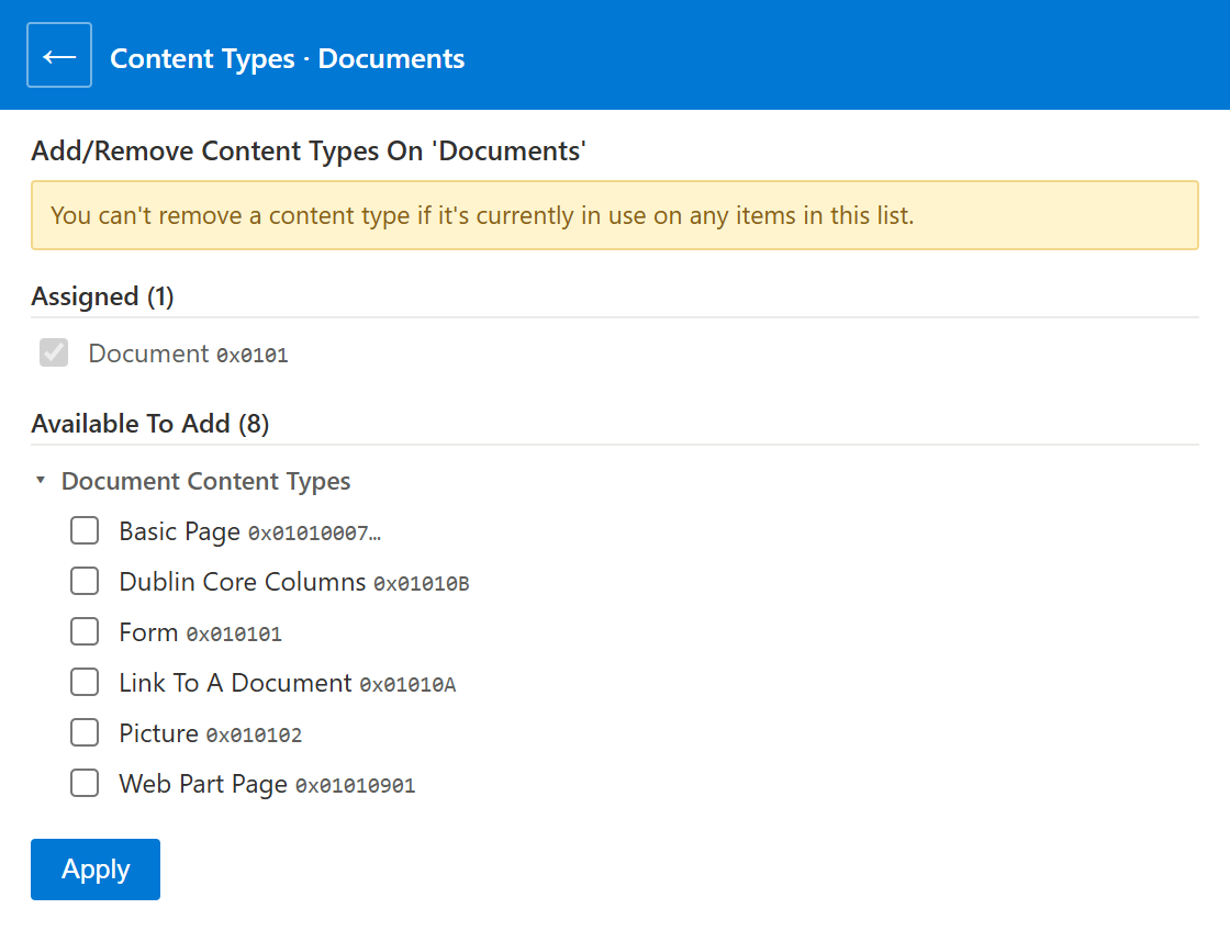 Add or remove content types panel for a SharePoint library