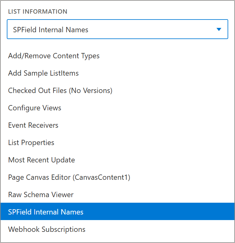 List Information dropdown including SPField Internal Names