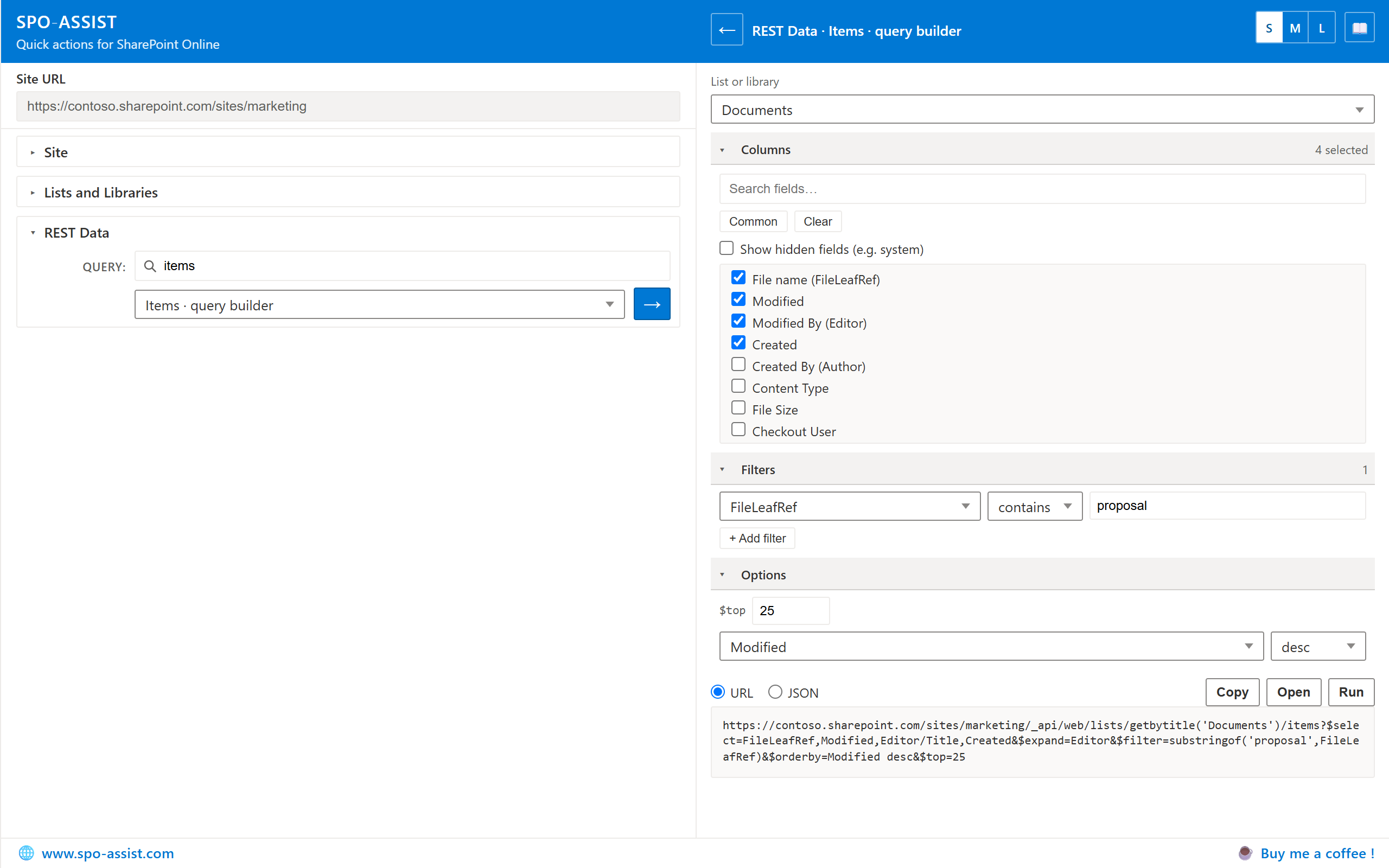 SPO-Assist full-tab mode with the REST items query builder